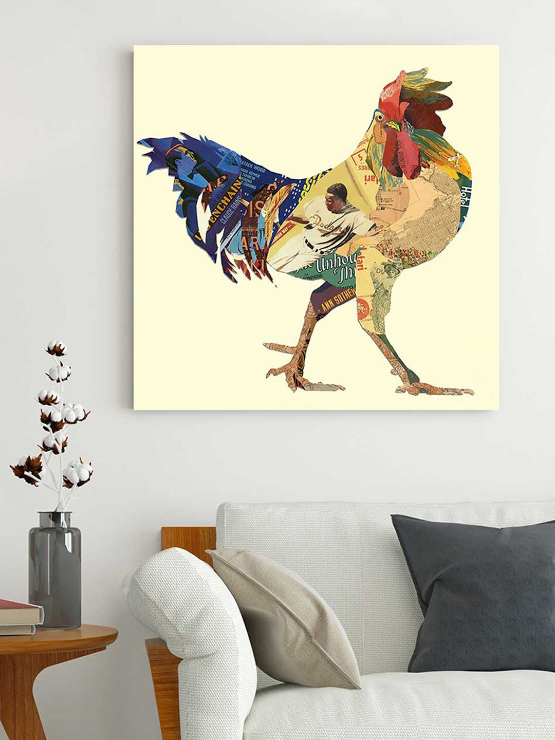 Art Street Cream & Blue Antique Rooster Cock Paper Canvas Painting Wall Art