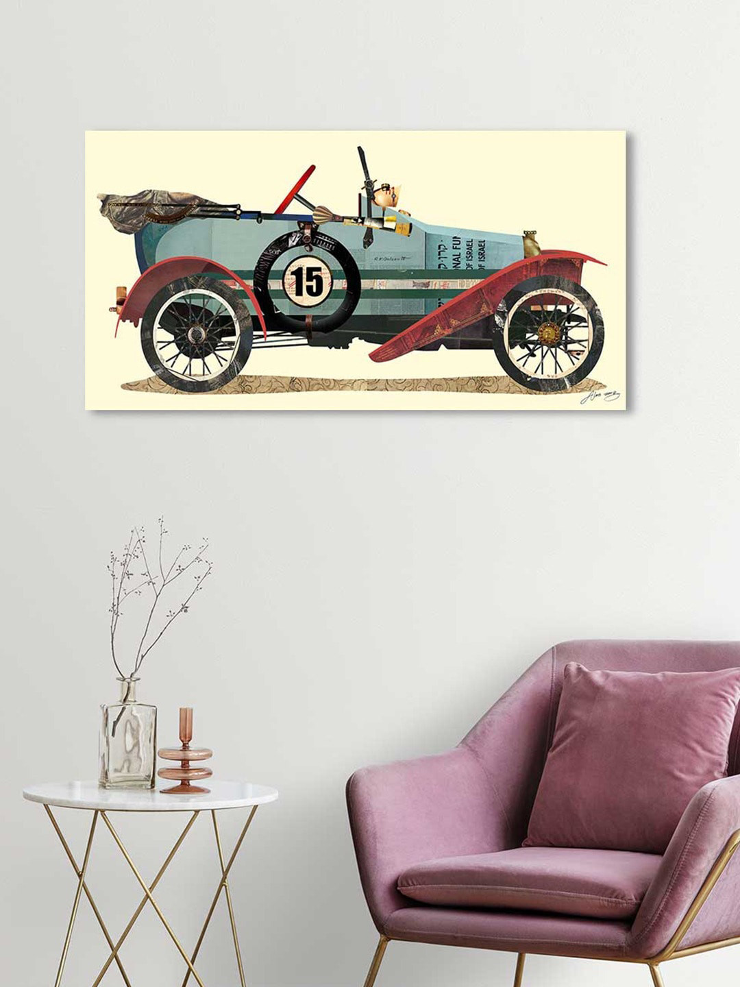 Art Street Cream & Red Antique Automobile Canvas Painting Wall Art