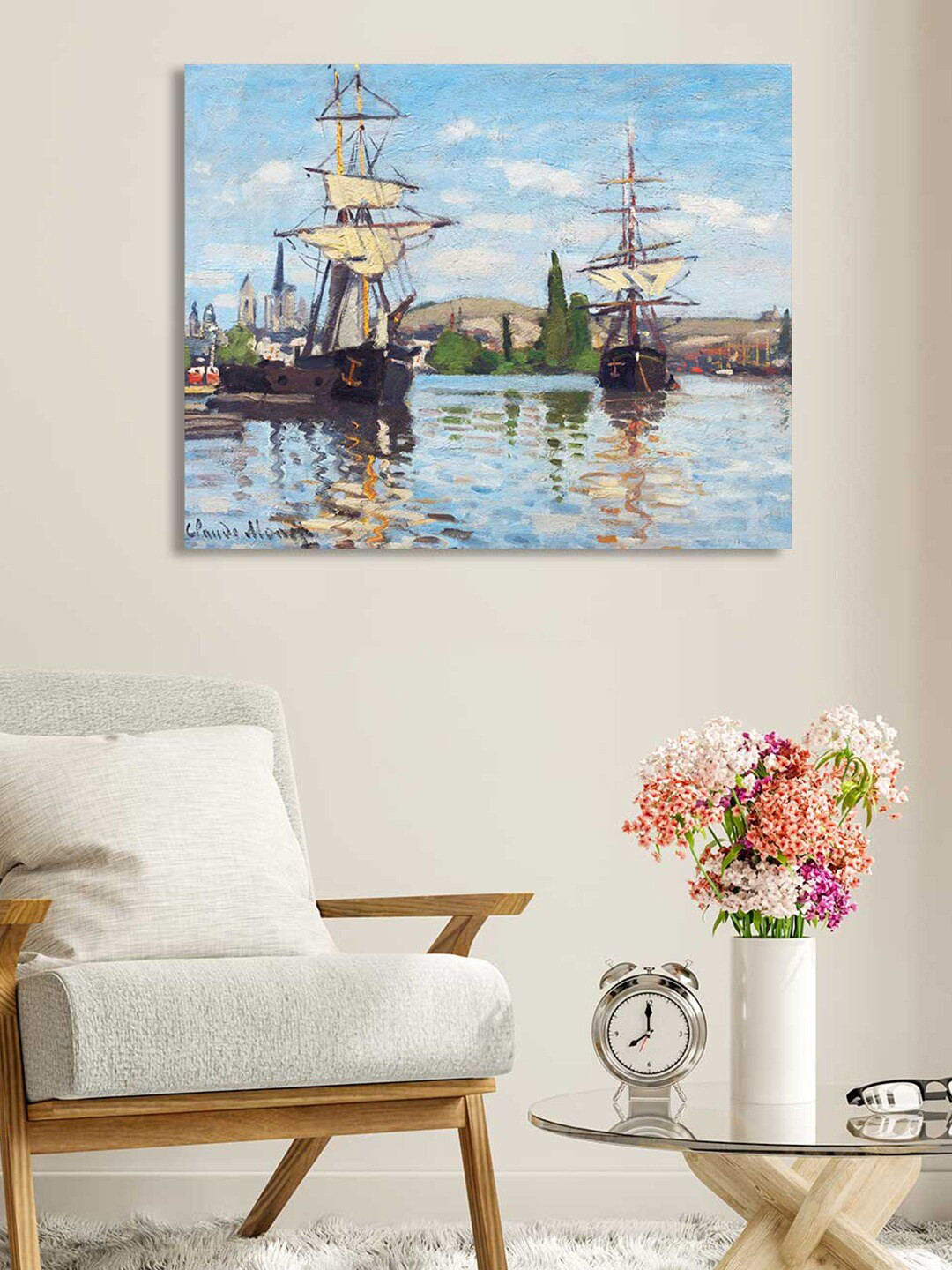 Art Street Blue & White Ships Riding On The Seine Painting Wall Art