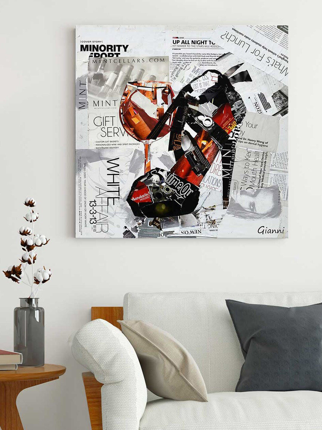 Art Street  White & Red Black Strap Boot paper collage Canvas Wall Painting