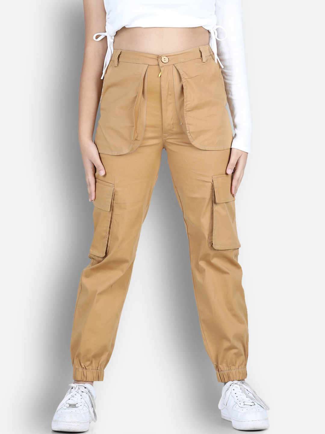 Cutiekins Girls Camel Brown High-Rise Cargos Trouser
