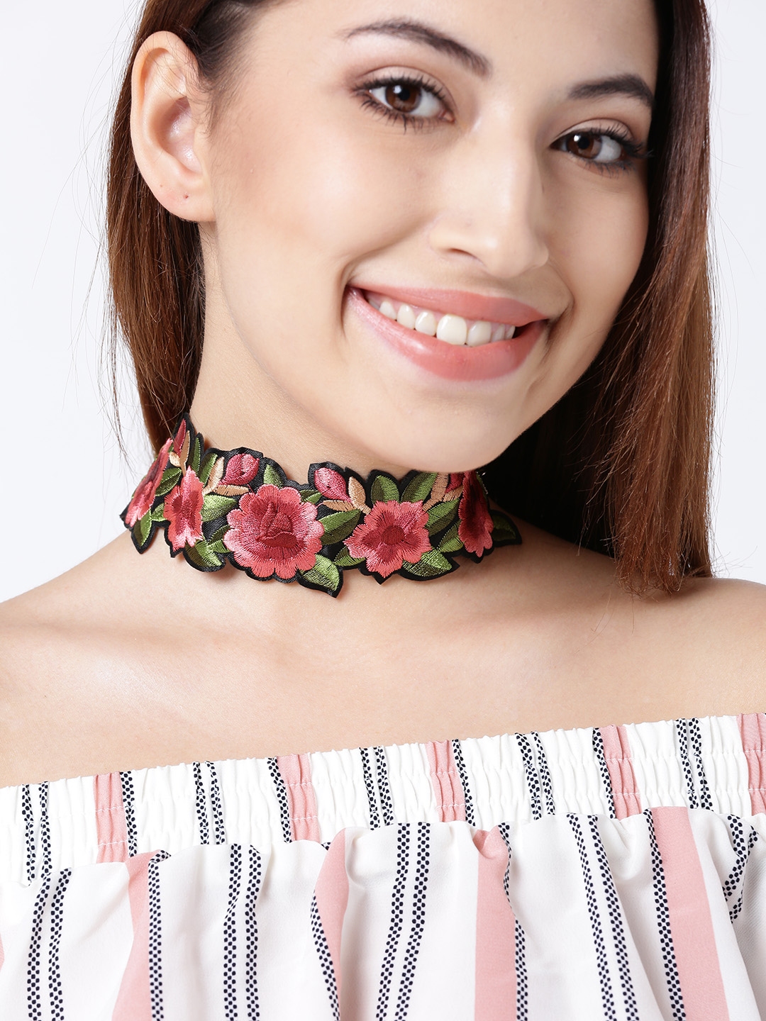Buy Bellofox Pink Green Embroidered Floral Choker Necklace
