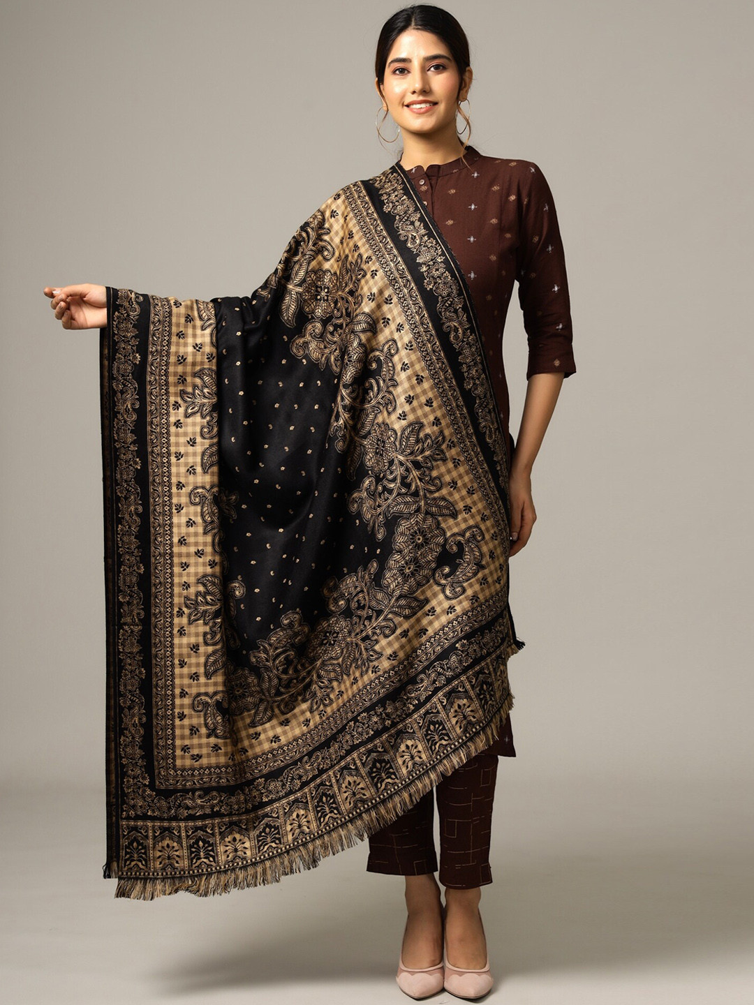HANDICRAFT PALACE Women Black & Beige Floral Shawl