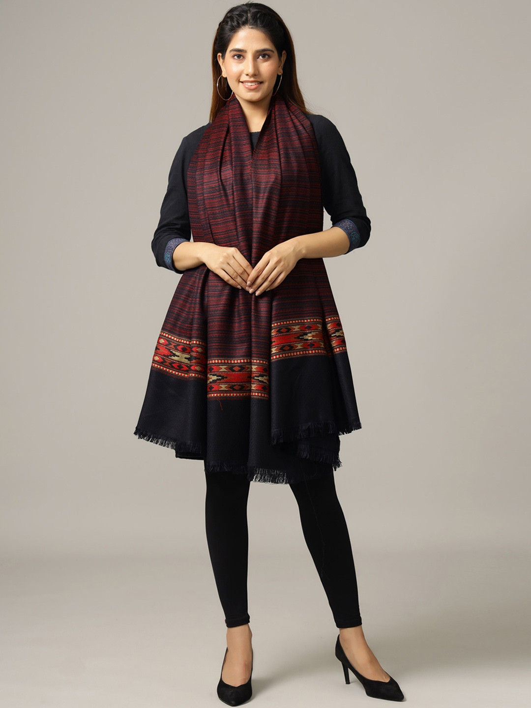 HANDICRAFT PALACE Women Black & Red Striped Hand Woven Design Wool Shawl