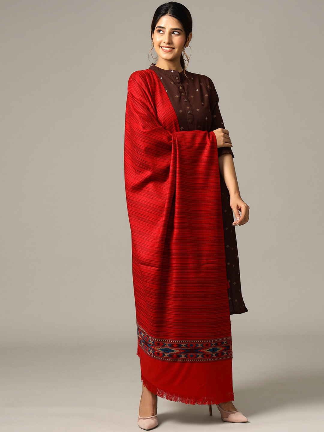 HANDICRAFT PALACE Women Red Stripe Woven-Design Shawl