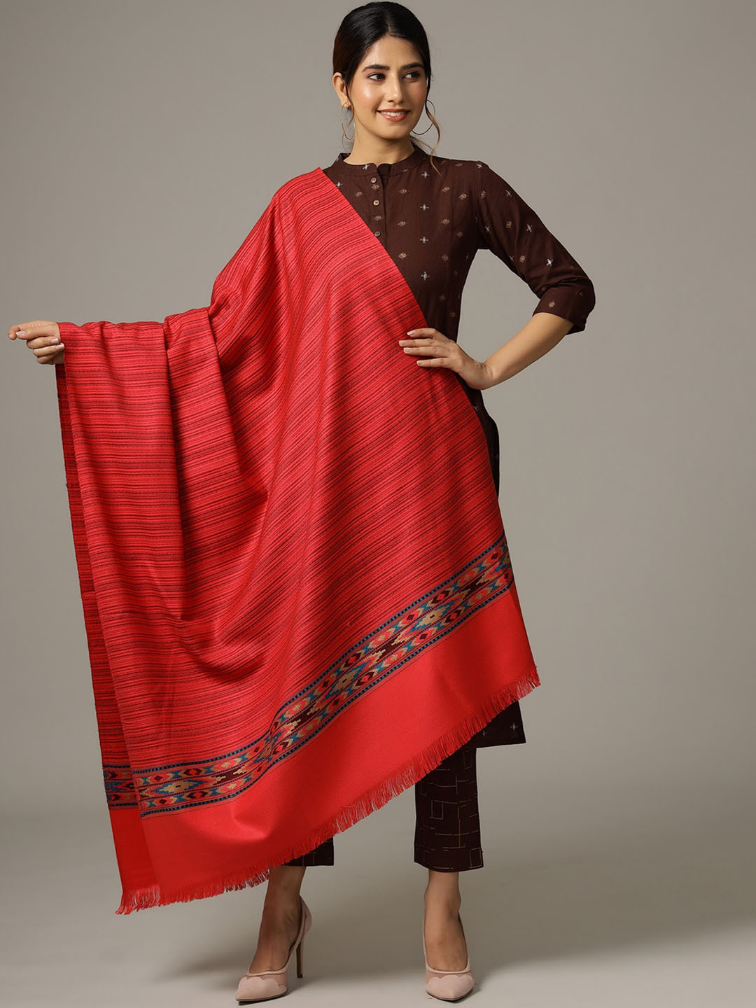 HANDICRAFT PALACE Women Pink Striped Hand Woven Designer Woollen Shawl