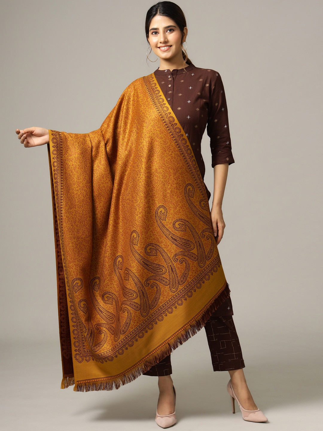 HANDICRAFT PALACE Women Mustard Yellow Woven Design Paisley Shawl