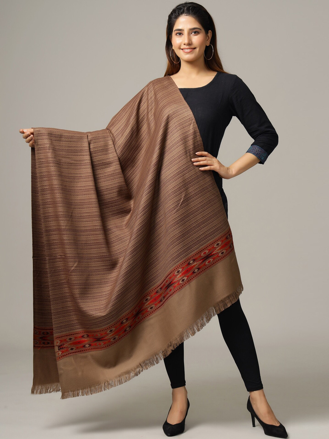 HANDICRAFT PALACE Women Brown Stripe Woven Designer Shawl