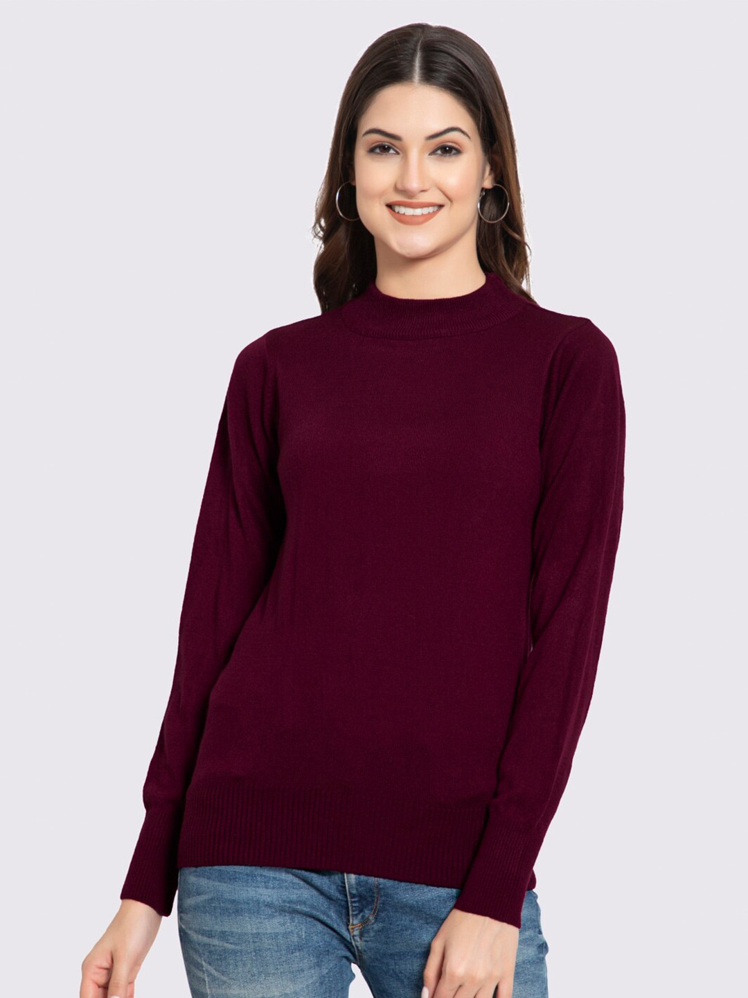 GODFREY Women Burgundy Turtle Neck Full Sleeve Acrylic Pullover