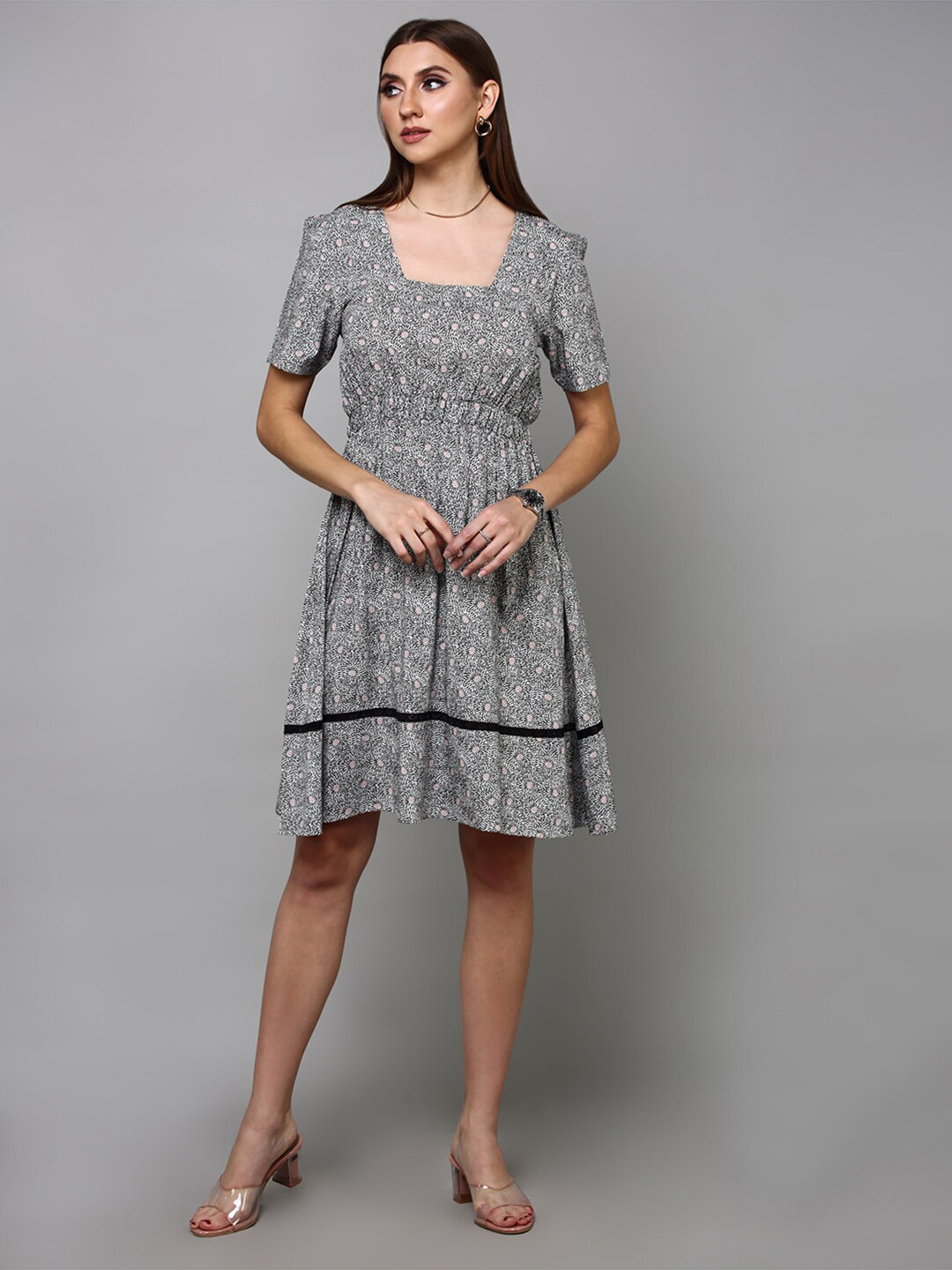 aturabi Grey Floral Printed Flared Dress