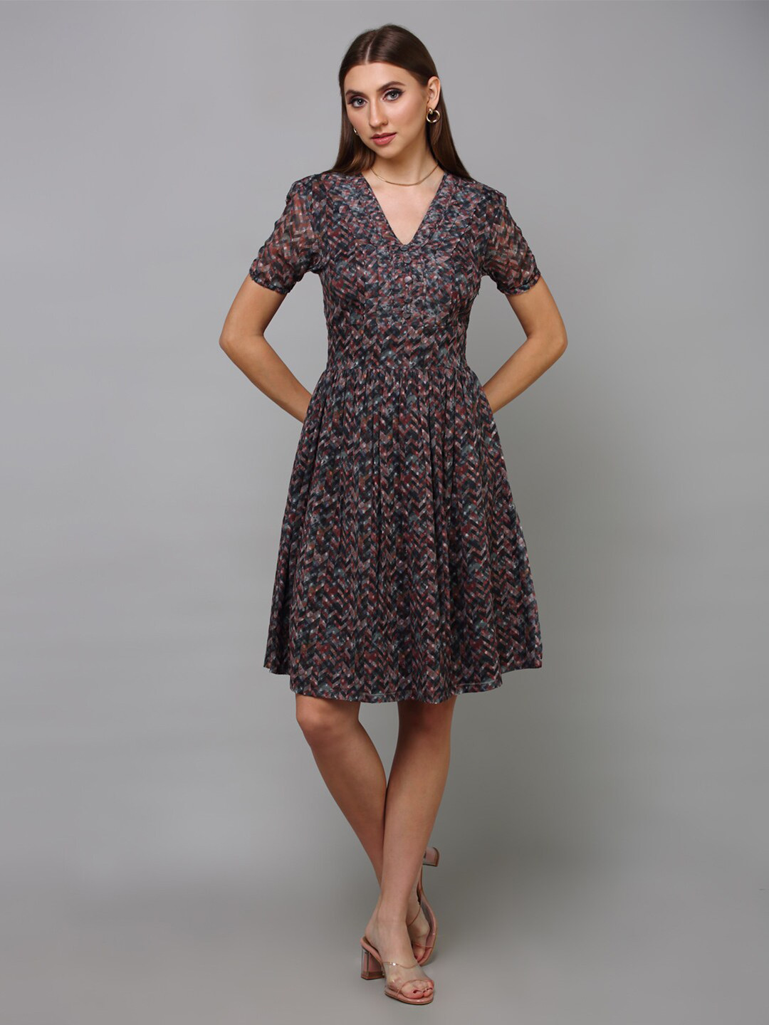 aturabi Abstract Printed Fit and Flare Dress