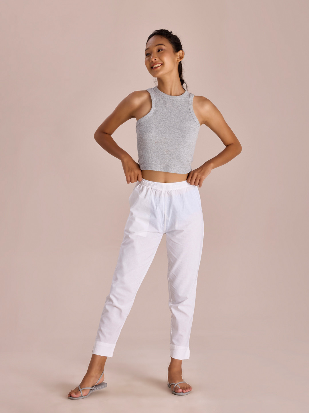 Go Colors Women White Cotton Relaxed Pleated Trousers