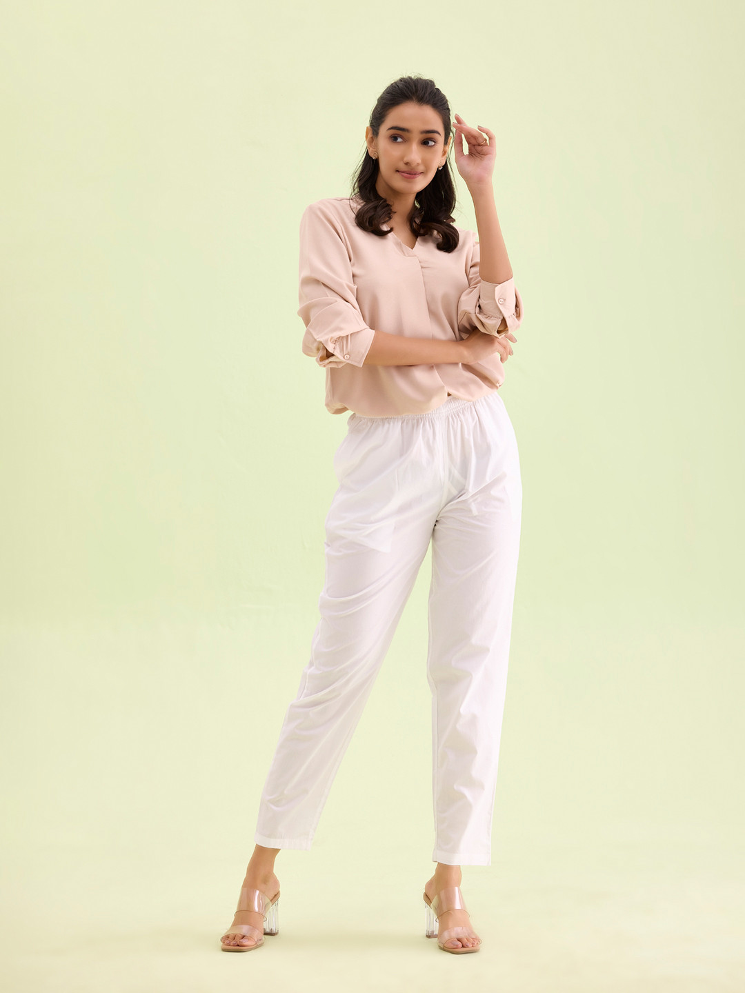 Go Colors Women Plus Size White Cotton Tailored Tapered Fit Pleated Trousers