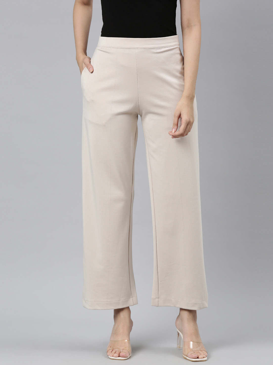 Go Colors Women Beige Relaxed High-Rise Trousers