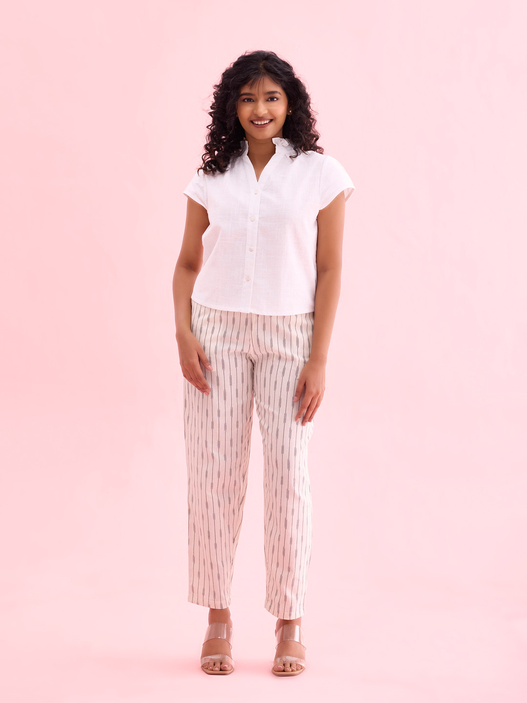 Go Colors Women Plus Size White Striped Tailored Tapered Fit Trousers