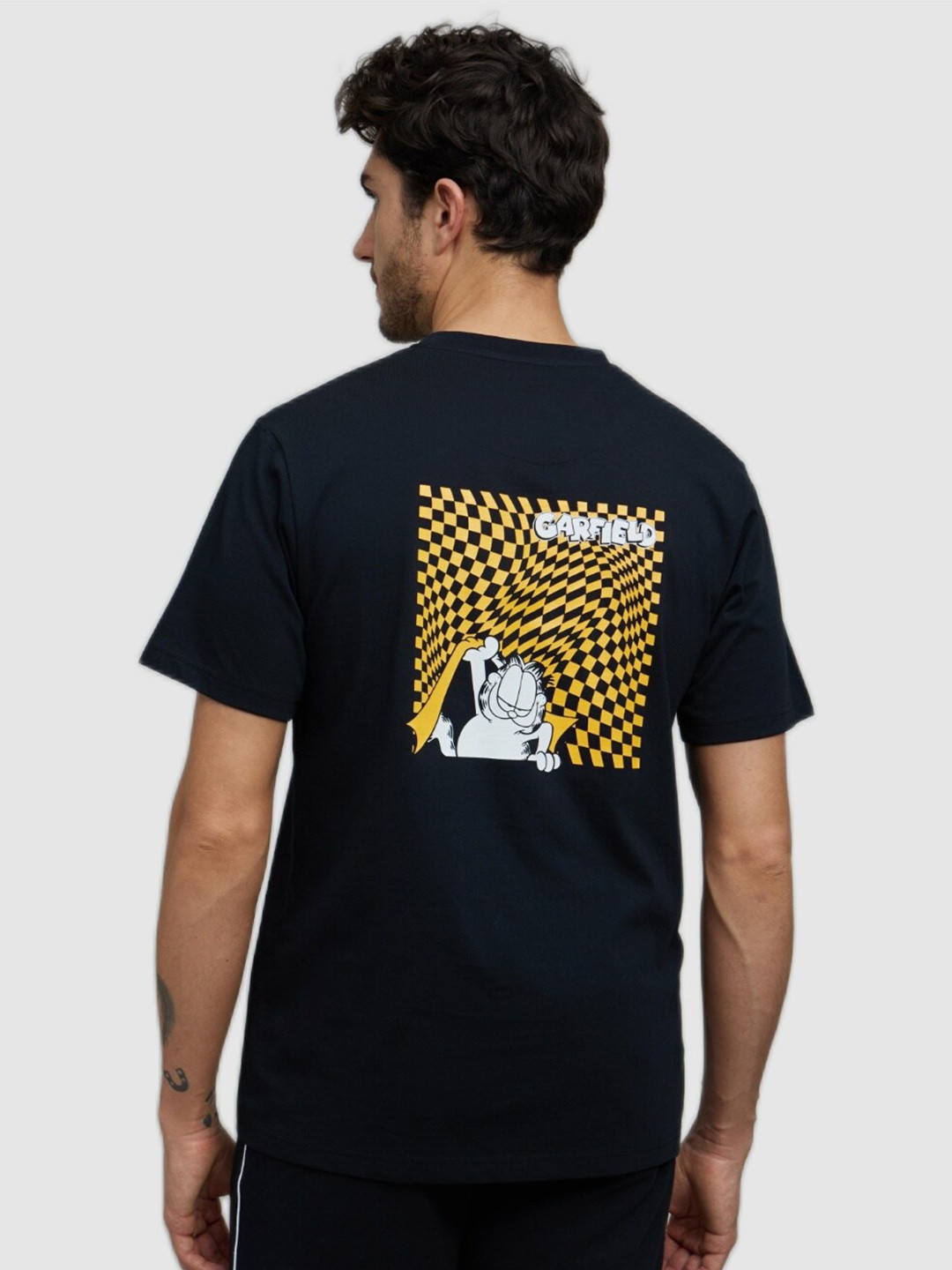 Celio Men Black Garfield Printed Black Short Sleeves Round Neck Cotton T-shirt