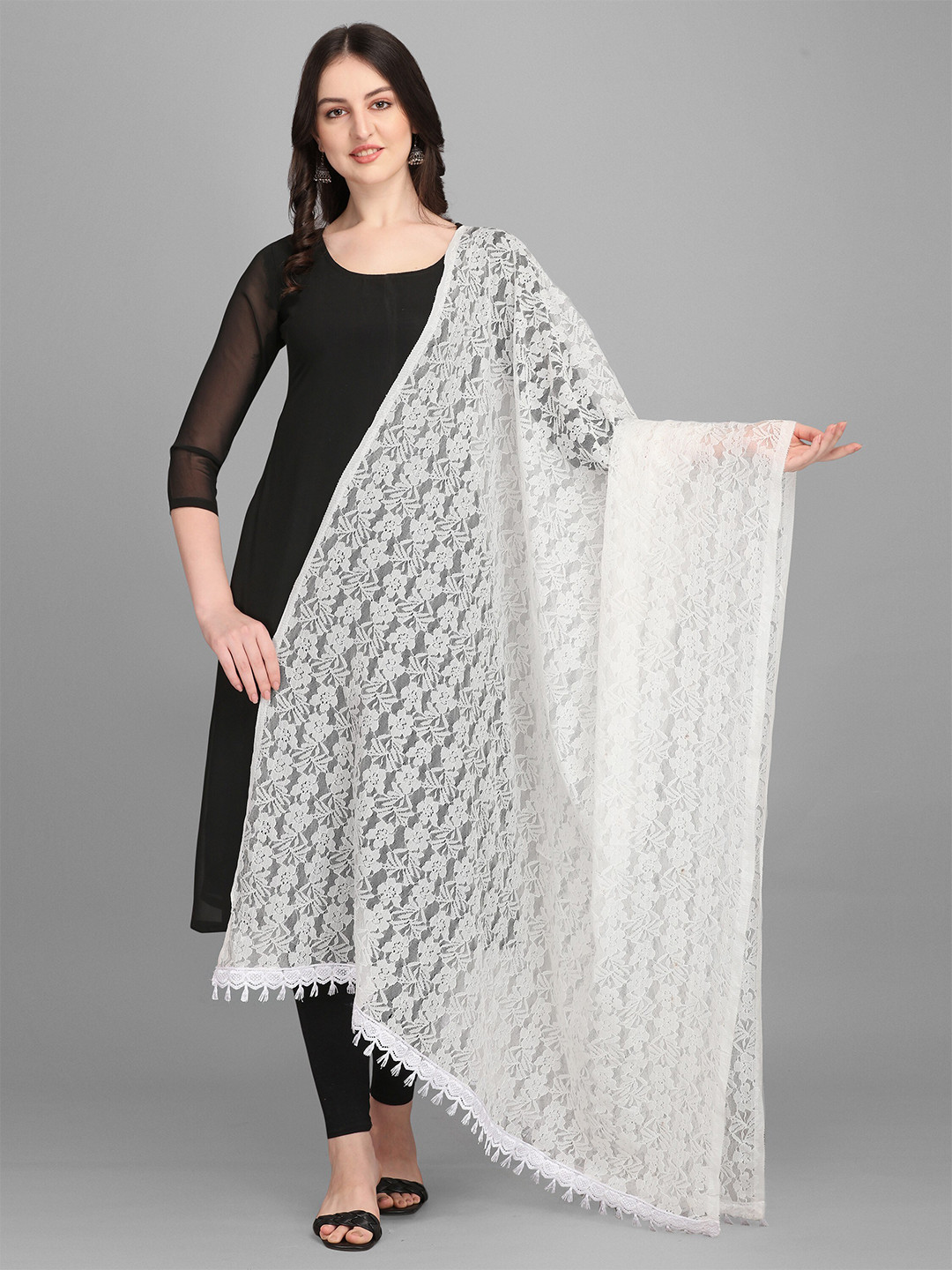 FORKEY White Woven Design Dupatta