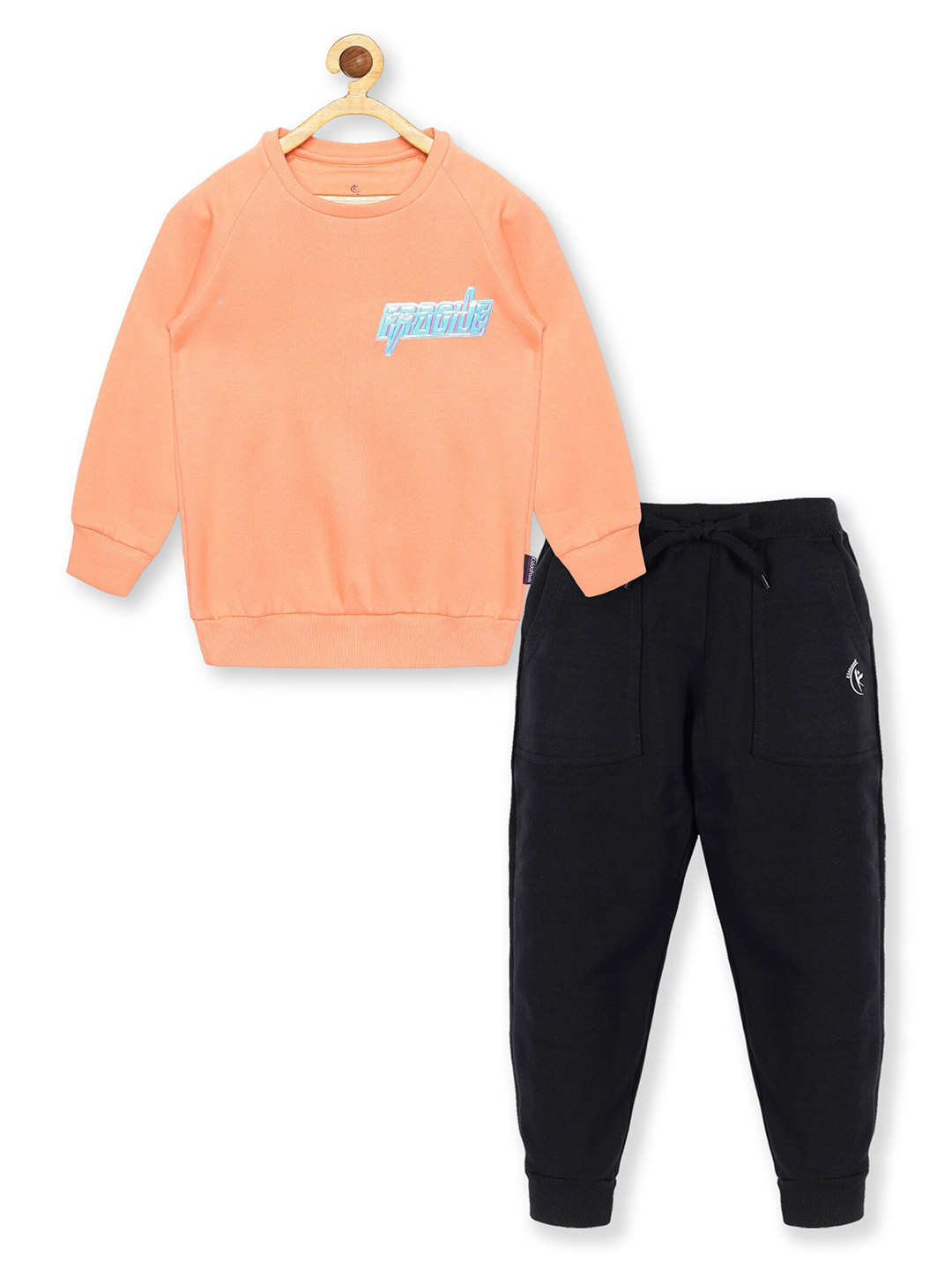 KiddoPanti Girls Peach-Coloured & Black Embellished T-shirt