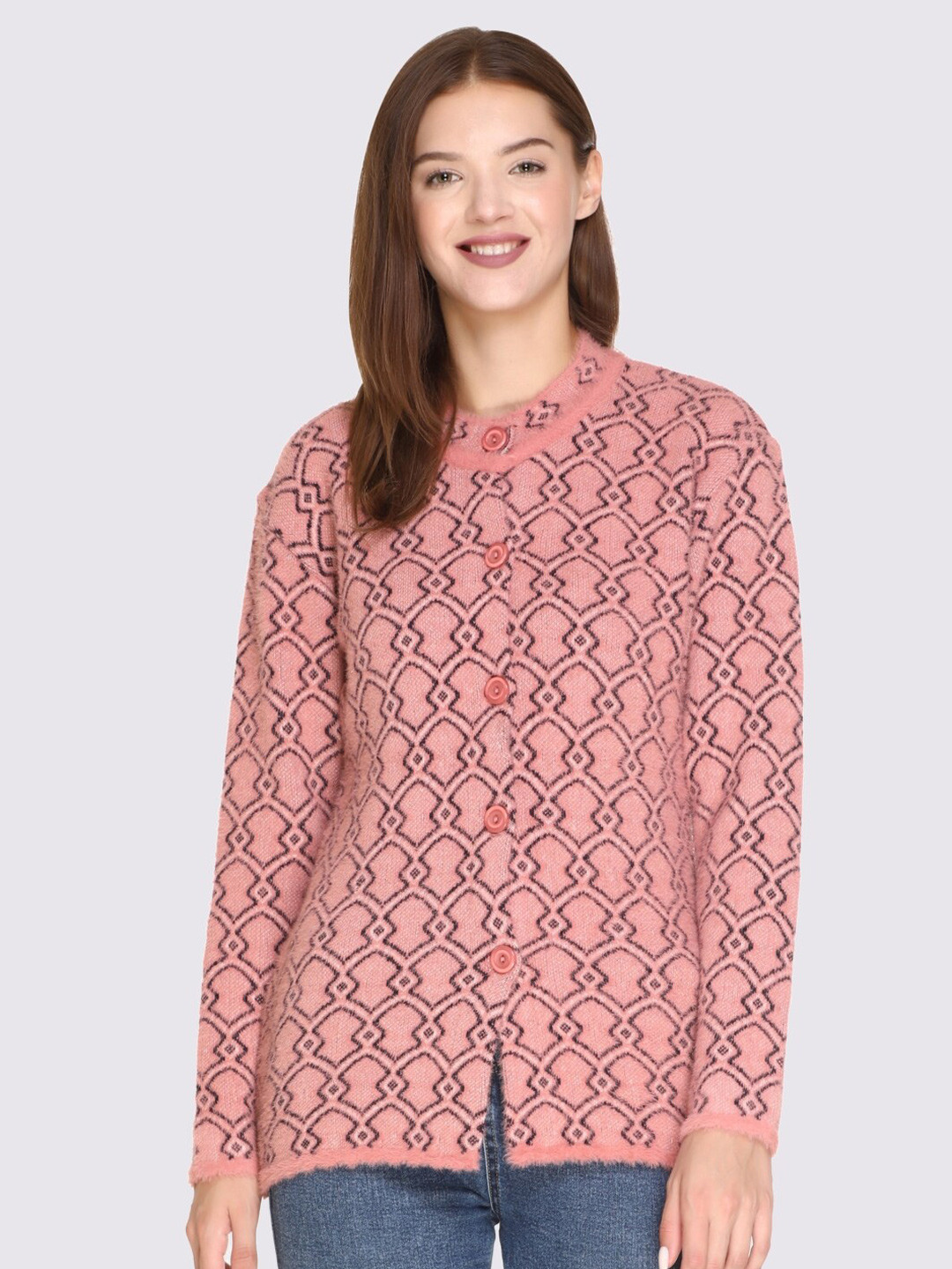 GODFREY Women Pink & Black Printed Cardigan