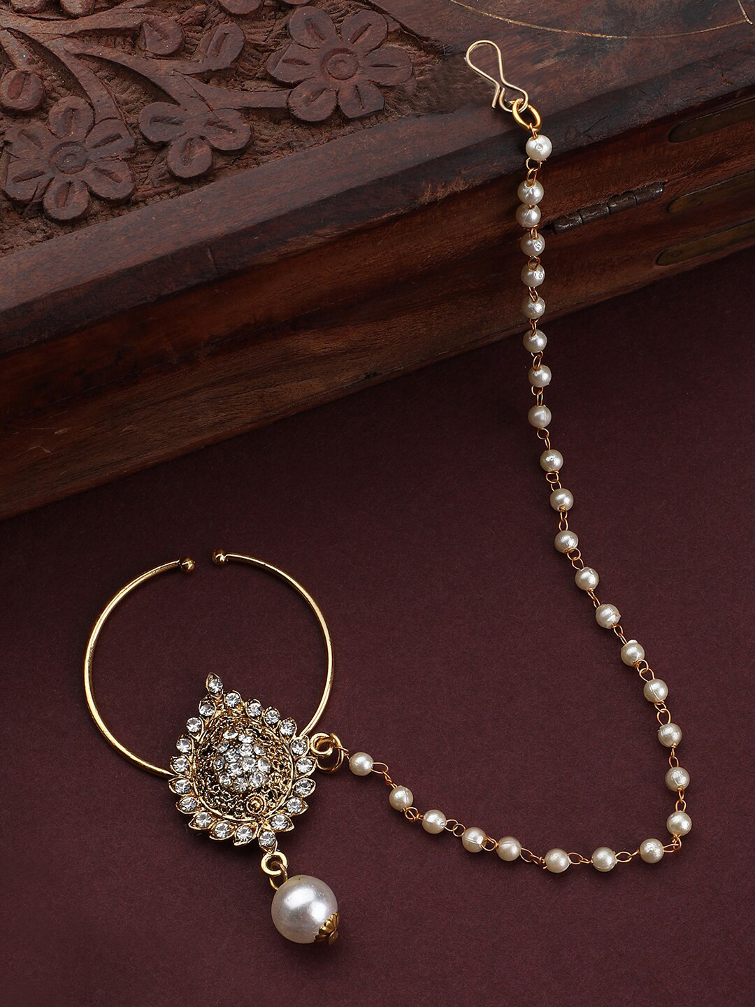 ANIKAS CREATION Gold-Toned & White CZ-Studded Gold-Plated Chained Vilandi Nosepin