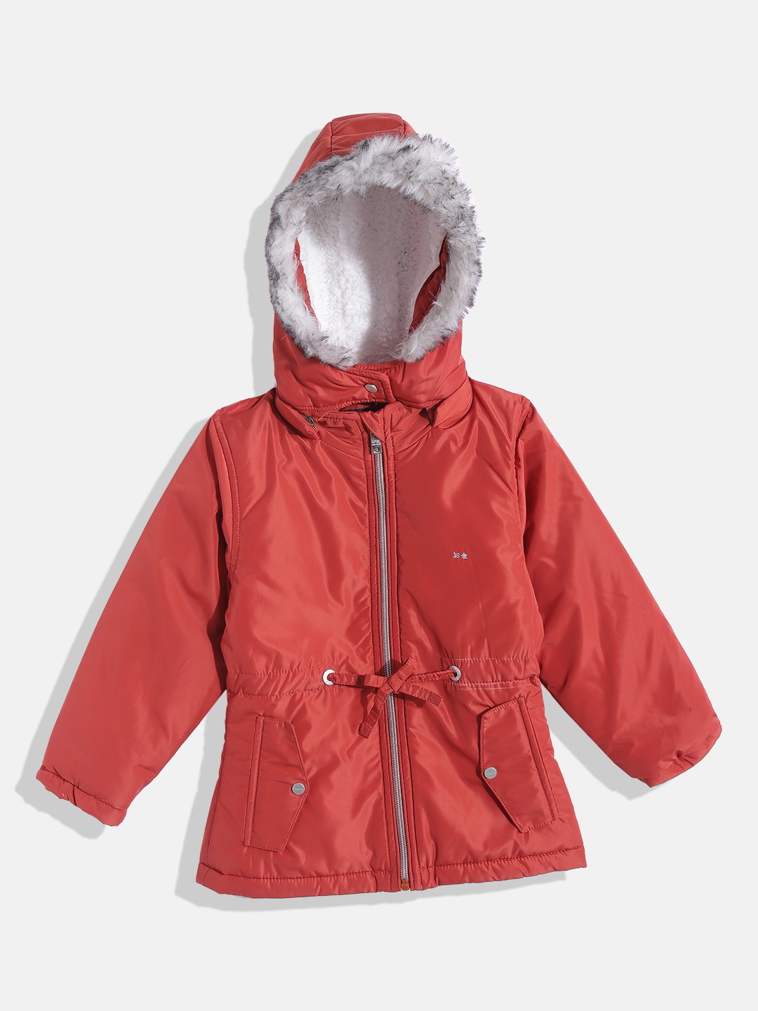 Okane Girls Rust Red Solid Hooded Parka Jacket