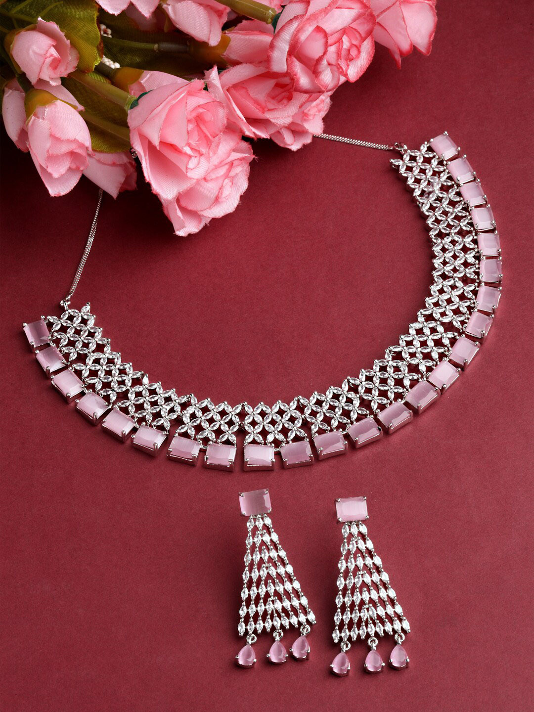 Arrabi Pink AD Studded Silver-Plated Jewellery Set