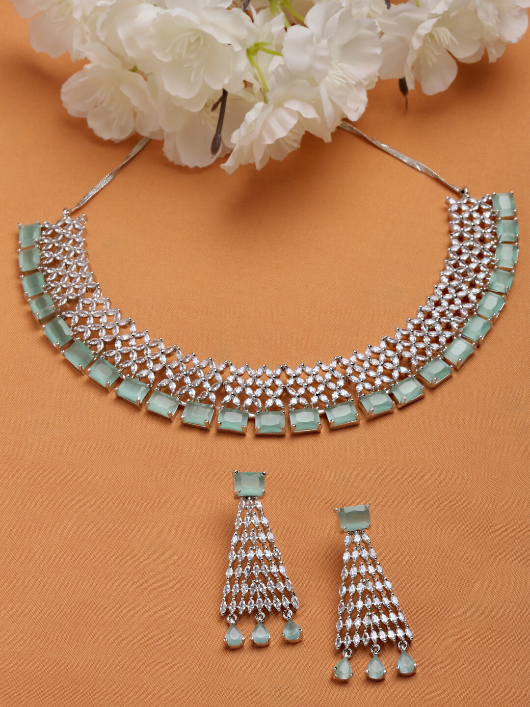 Arrabi Sea Green AD-Studded Silver-Plated Jewellery Set