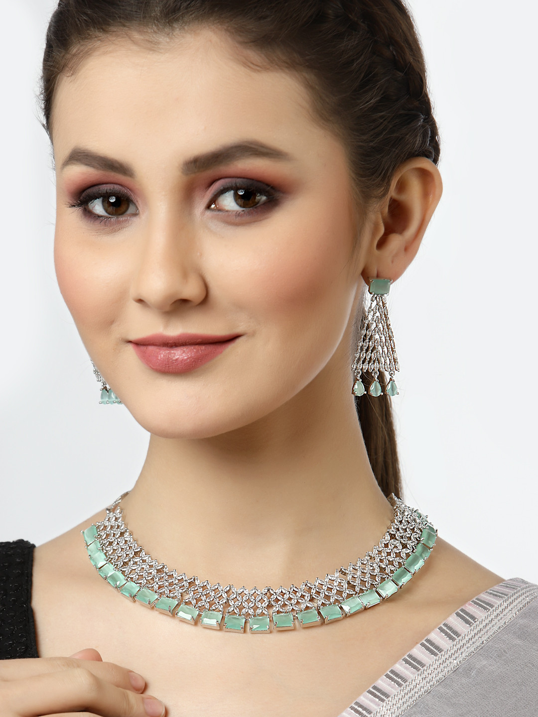 Arrabi Sea Green AD-Studded Silver-Plated Jewellery Set