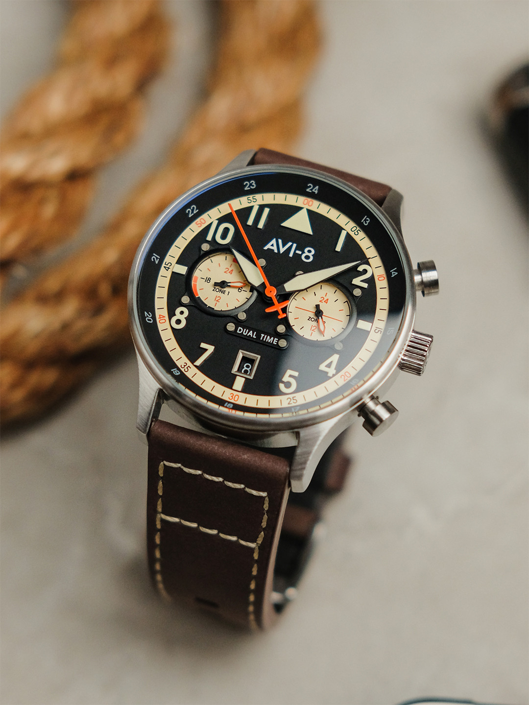 AVI-8 Men Black Brass Patterned Dial & Brown Leather Straps Analogue WatcH AV-4088-01