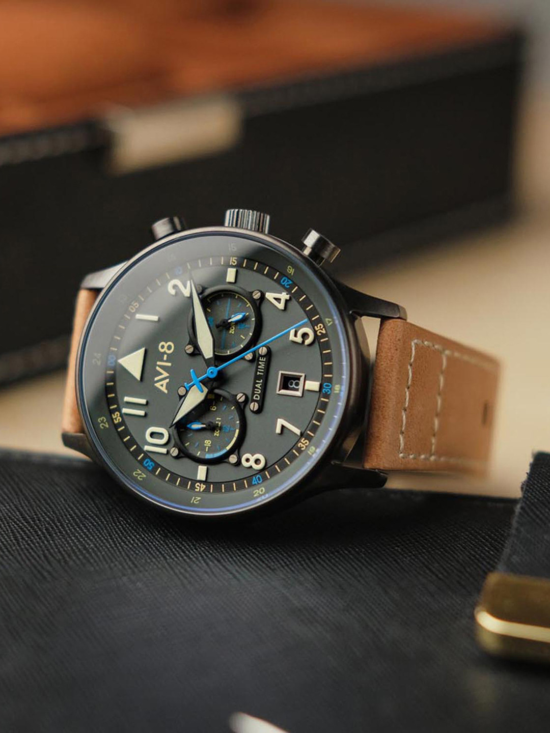 AVI-8 Men Grey Brass Patterned Dial & Beige Leather Straps Analogue Watch