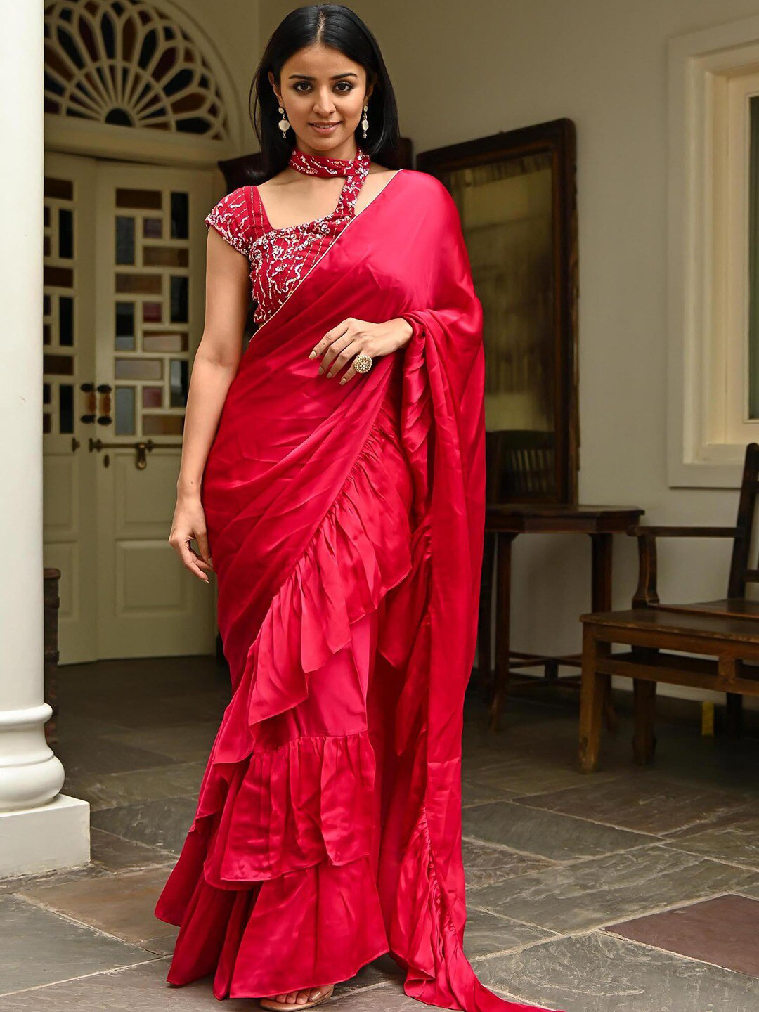 Lavanya The Label Red Silk Blend Ready to Wear Saree
