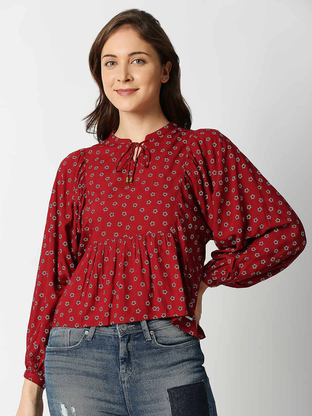 Pepe Jeans Red & White Print Mandarin Collar Empire Top