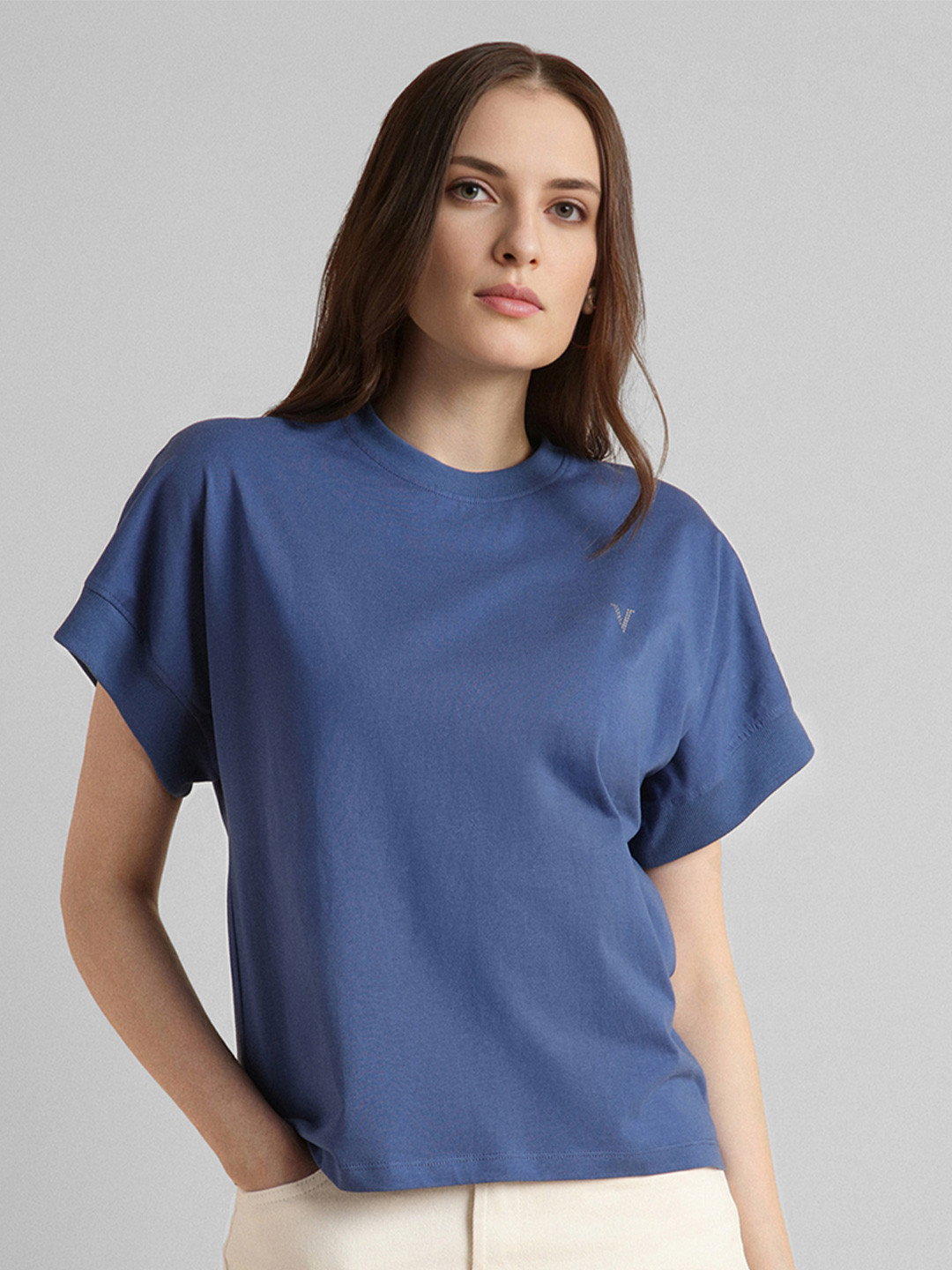 Van Heusen Woman Women Solid Extended Sleeves Indigo T-shirt With Embellished Detail