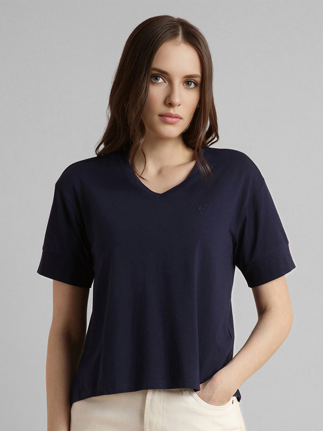 Van Heusen Woman Women Solid V-Neck Knitted Indigo T-shirt With Embellished Detail