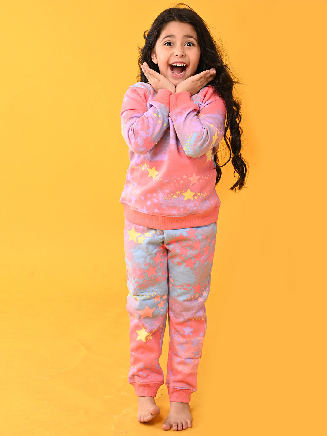 Anthrilo Girls Pink & Blue Tie Dye Star Fleece Sweatshirt Jogger Set