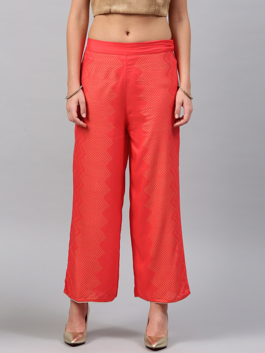 W Women Coral Red & Golden Straight Leg Printed Palazzos