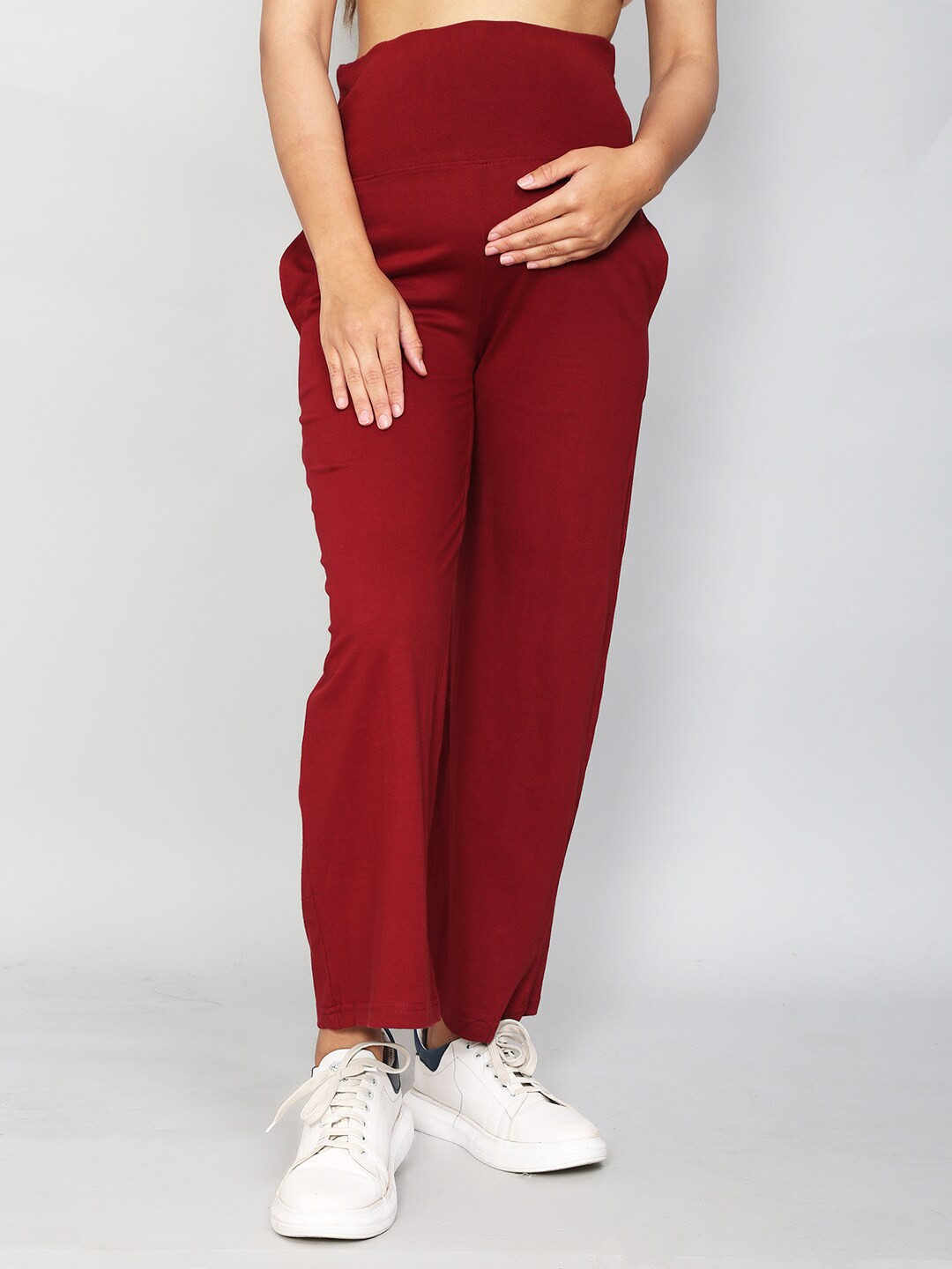SillyBoom Women Maroon Solid Cotton Maternity Palazzo