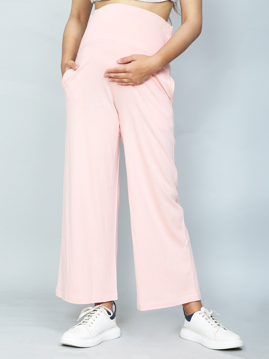 SillyBoom Women Pink Solid Cotton Maternity Palazzo