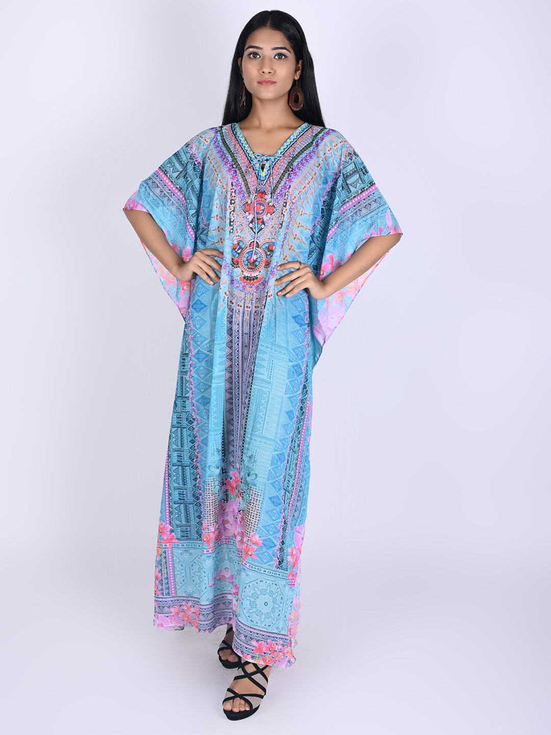 Rajoria Instyle Women Blue & Pink Floral Georgette Ethnic Kaftan Midi Digital Print Dress