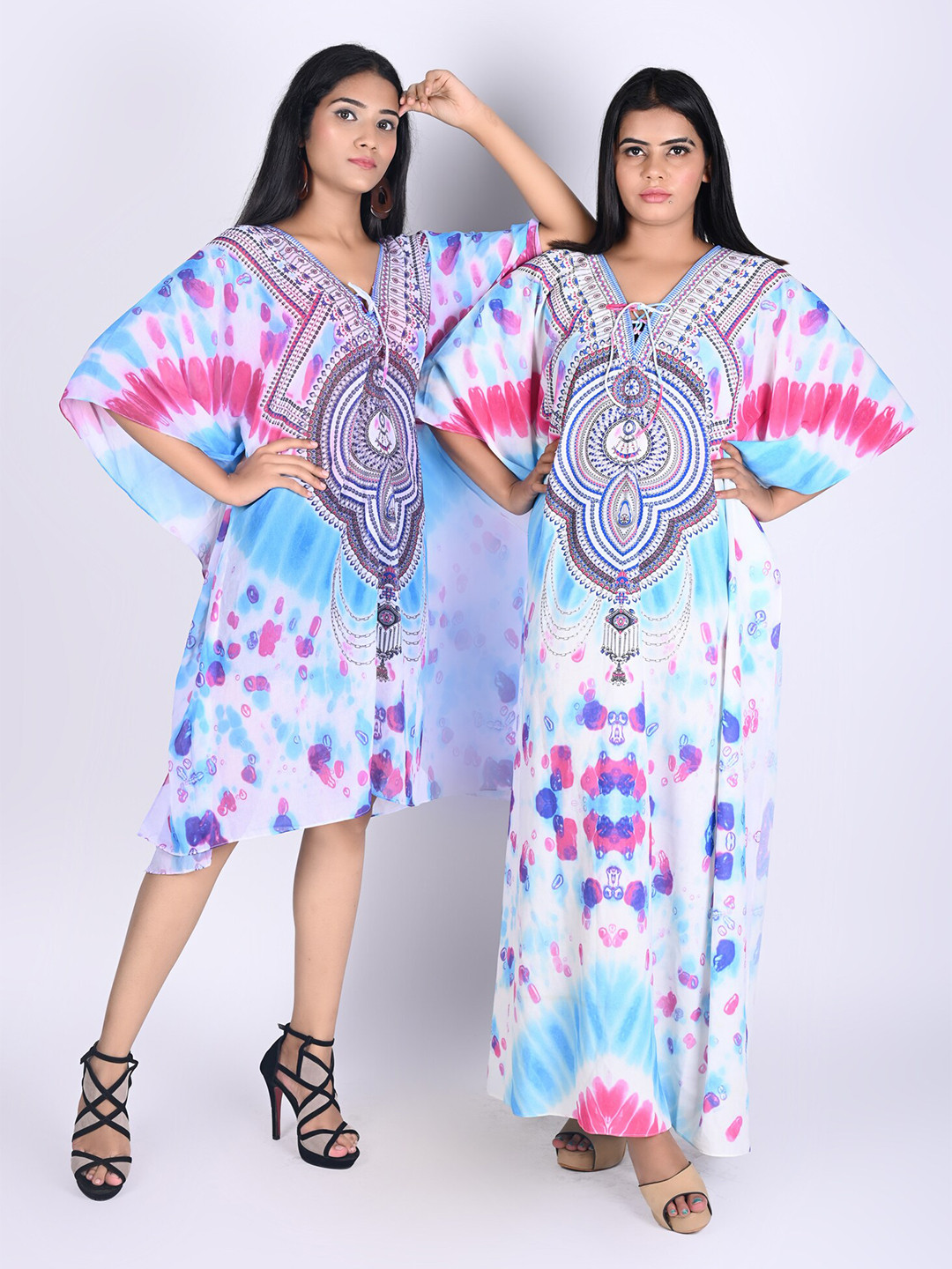 Rajoria Instyle White & Blue Pack of 2 Ethnic Motifs Printed Georgette Kaftan Dress