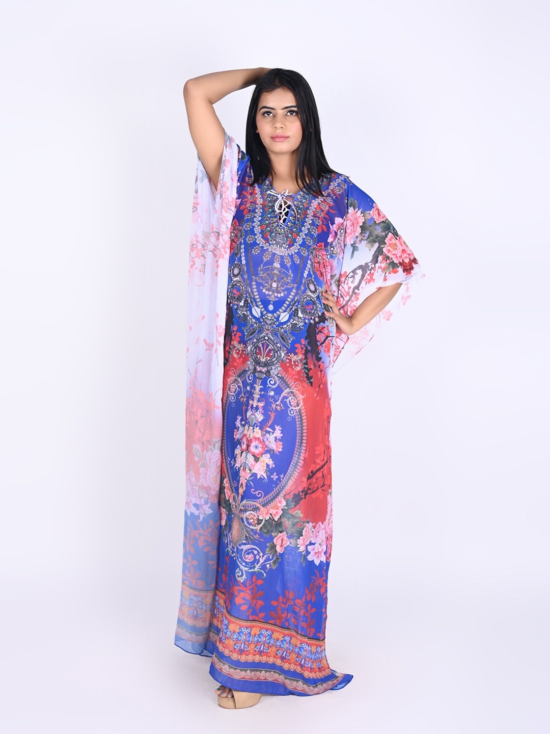 Rajoria Instyle Blue & Orange Ethnic Motifs Georgette Ethnic Maxi Maxi Dress