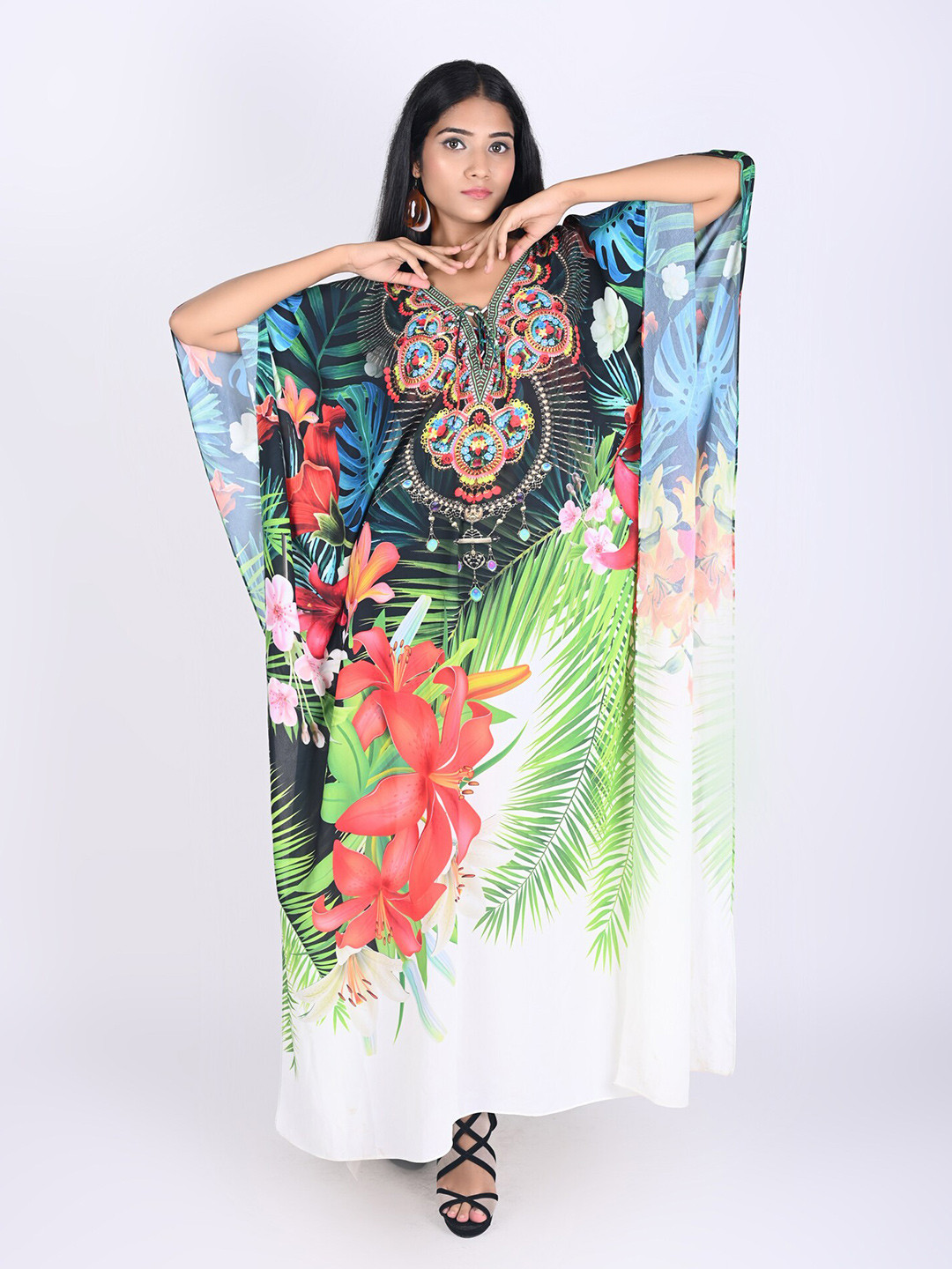Rajoria Instyle White & Blue Floral Tie-Up Neck Georgette Ethnic Kaftan Mini Dress