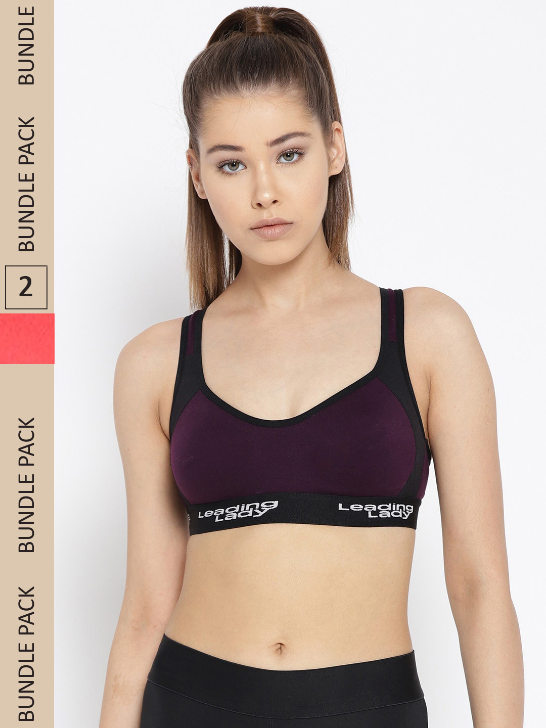 Leading Lady Pack Of 2 Purple & Coral Colourblocked Cotton Sports Bra