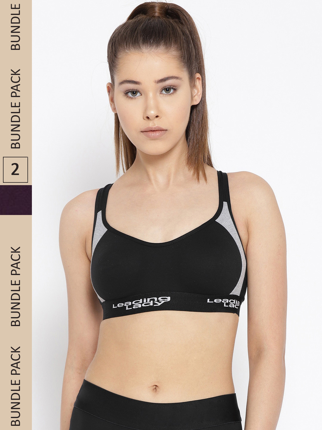 Leading Lady Pack Of 2 Violet & Black Colourblocked Cotton Sports Bra