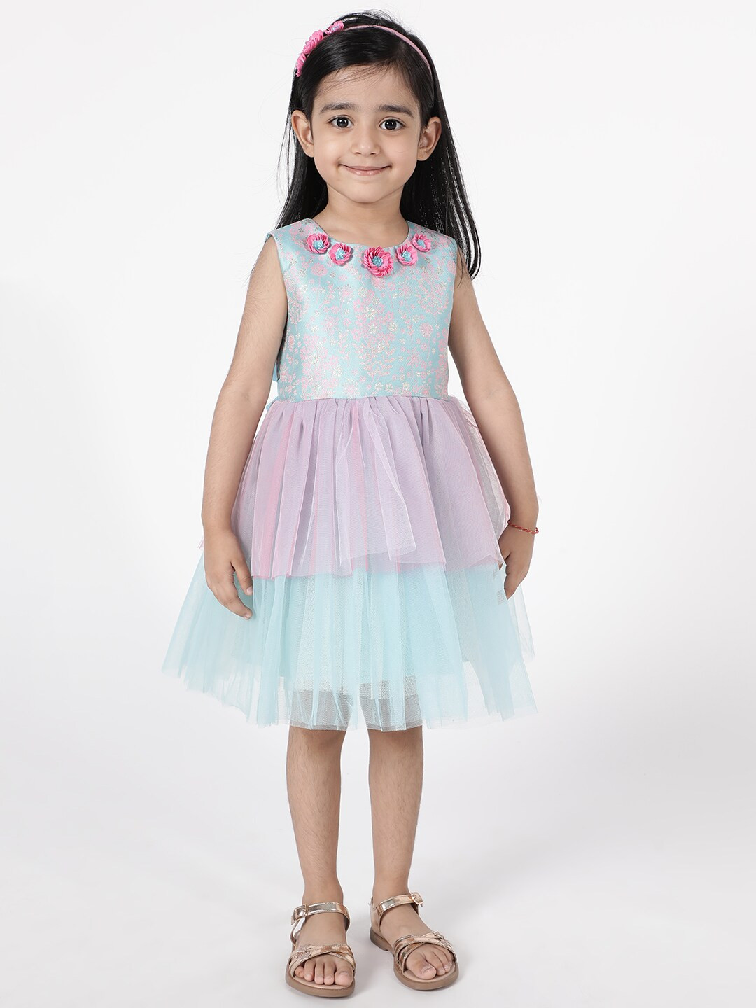 A Little Fable Girls Turquoise Blue & Lavender Round Neck Fit And Flare Dress