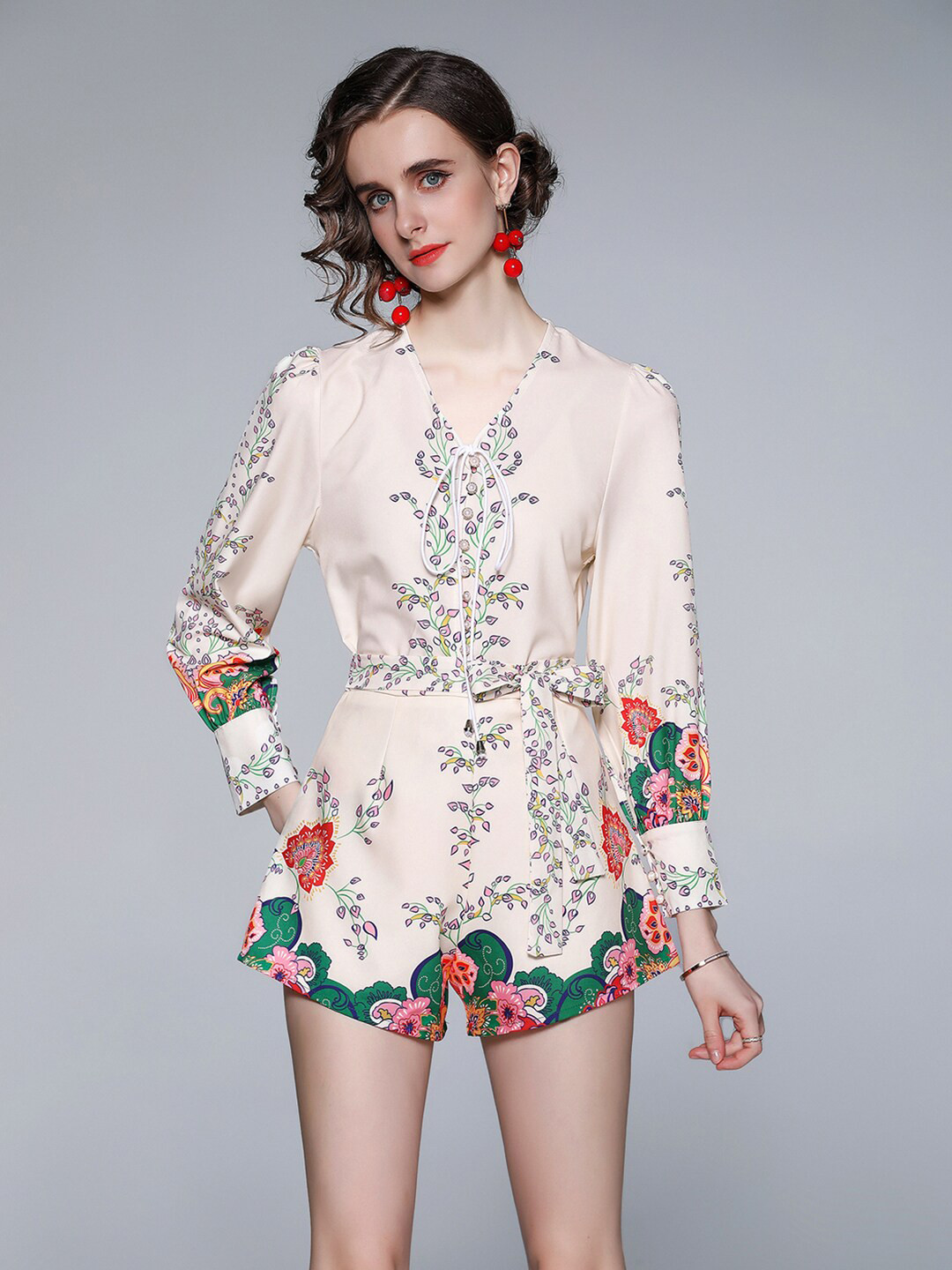 JC Collection Women Beige Printed Top with Short Co-Ords Set