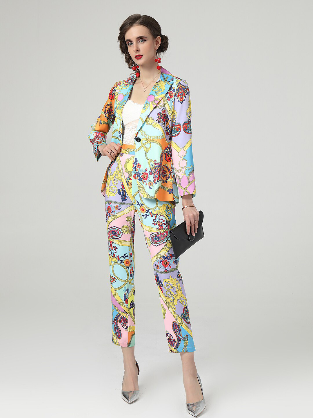 JC Collection Women Multicoloured Printed Coat with Trouser Co-Ords Set