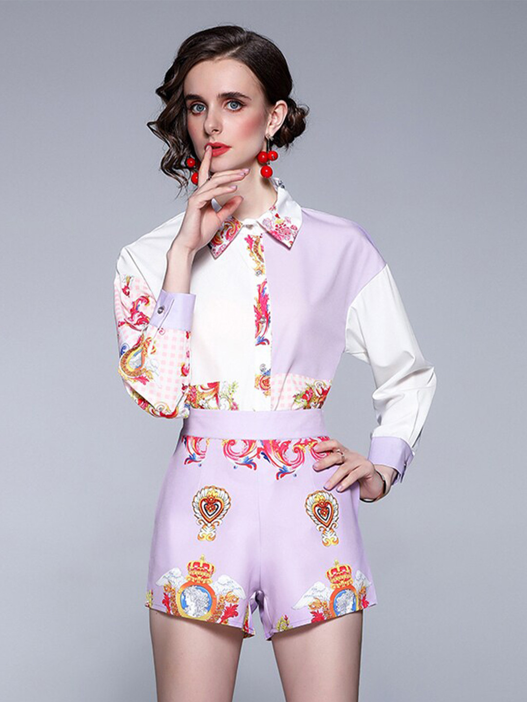 JC Collection Women Lavender & White Printed Shirt with Short Co-Ords Set