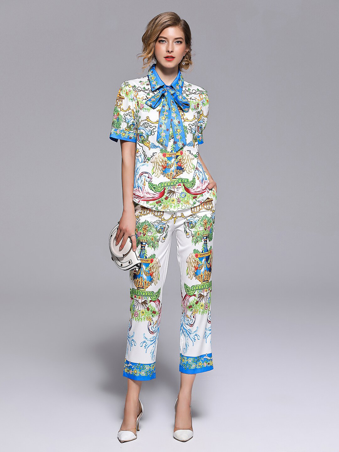JC Collection Women White & Green Printed Shirt with Trousers