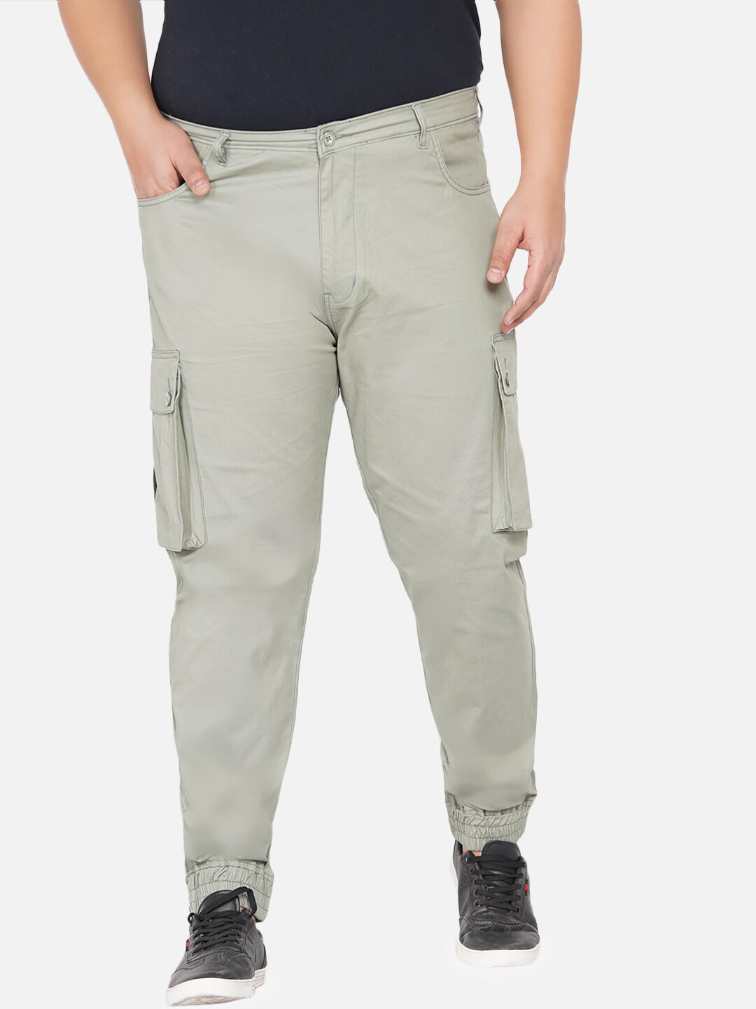 John Pride  Men Plus Size Olive Green Easy Wash Cargos Trousers